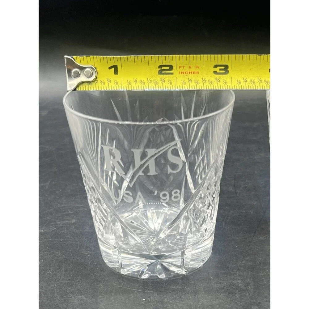 Set of 2 Cut Crystal Whiskey Tumblers RHS USA 98 Etched Double Old Fashioned